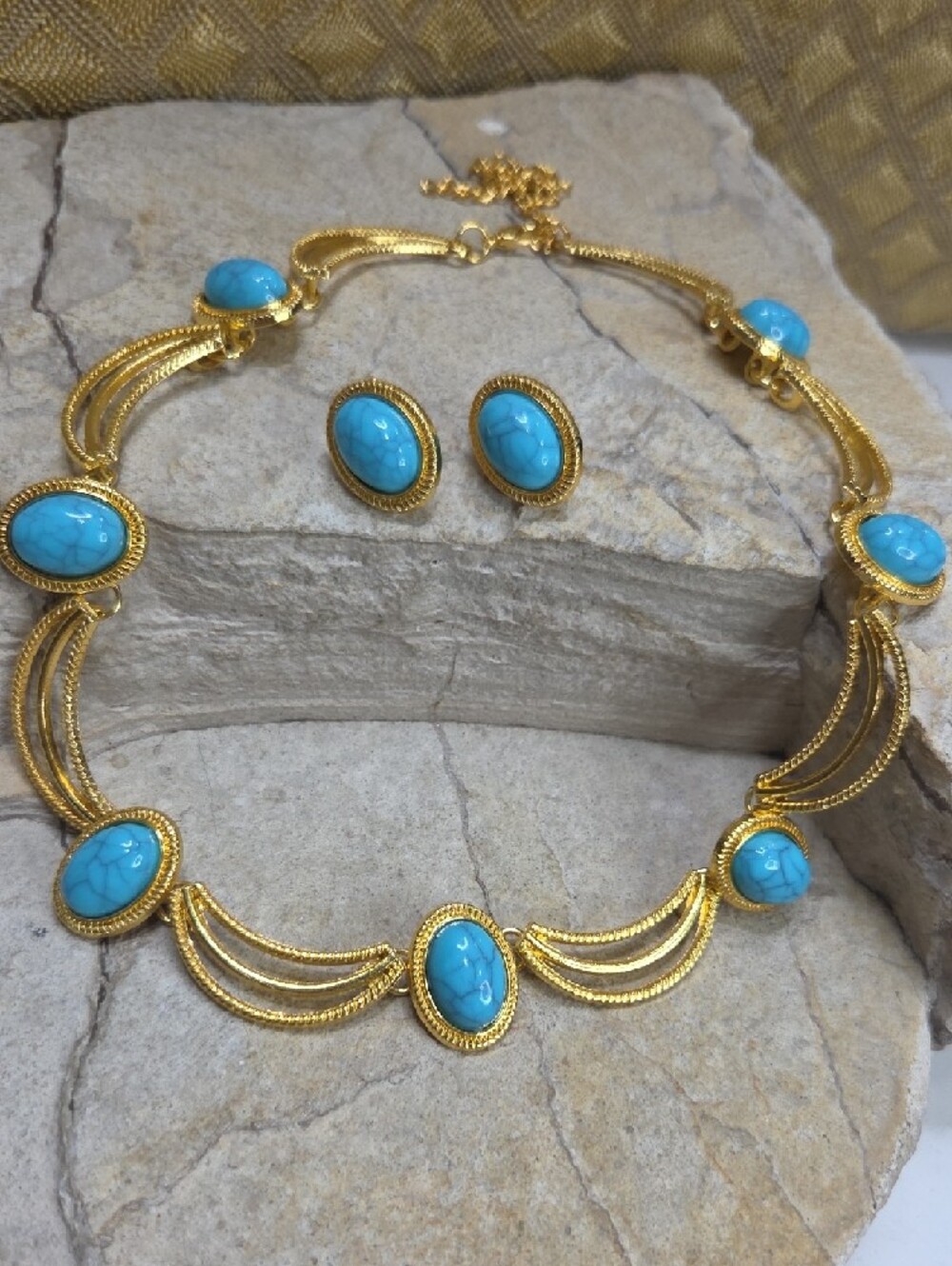 Gold and Turquoise Color Beads Statement Necklace and Earring Set